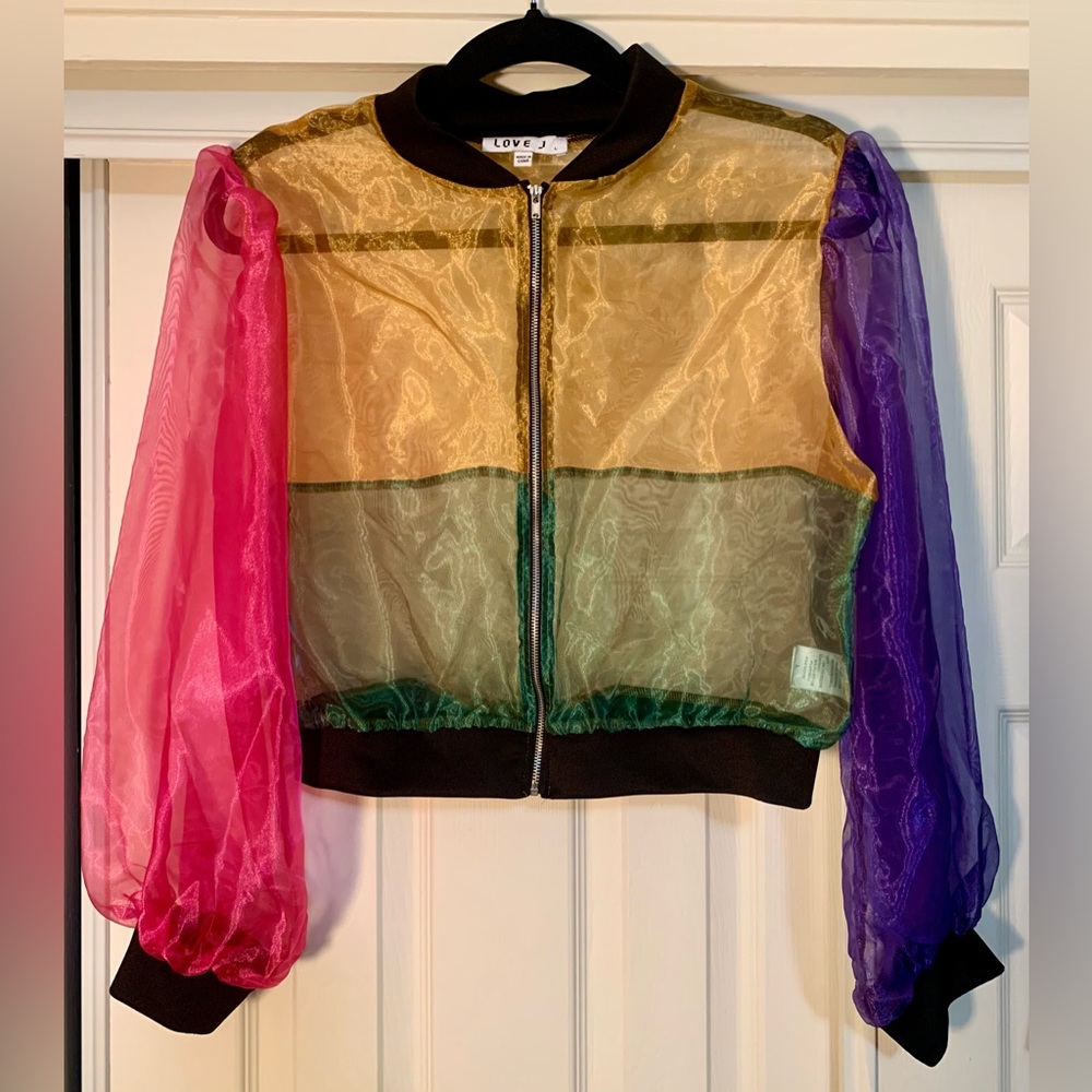 Women’s. Love J. Sheer-Multicolor/Colorblock Bomber Style Jacket. Zip-Up. Large